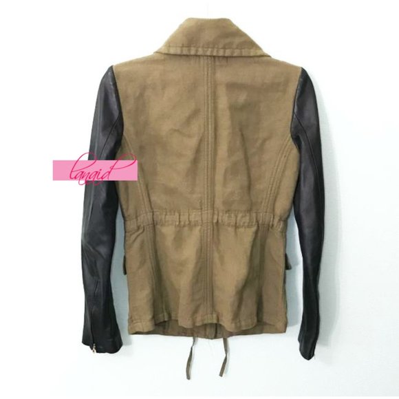 Zara Linen Lamb Leather Jacket Army Olive Green Utility Moto Edgy Biker Coat XS - Picture 10 of 16